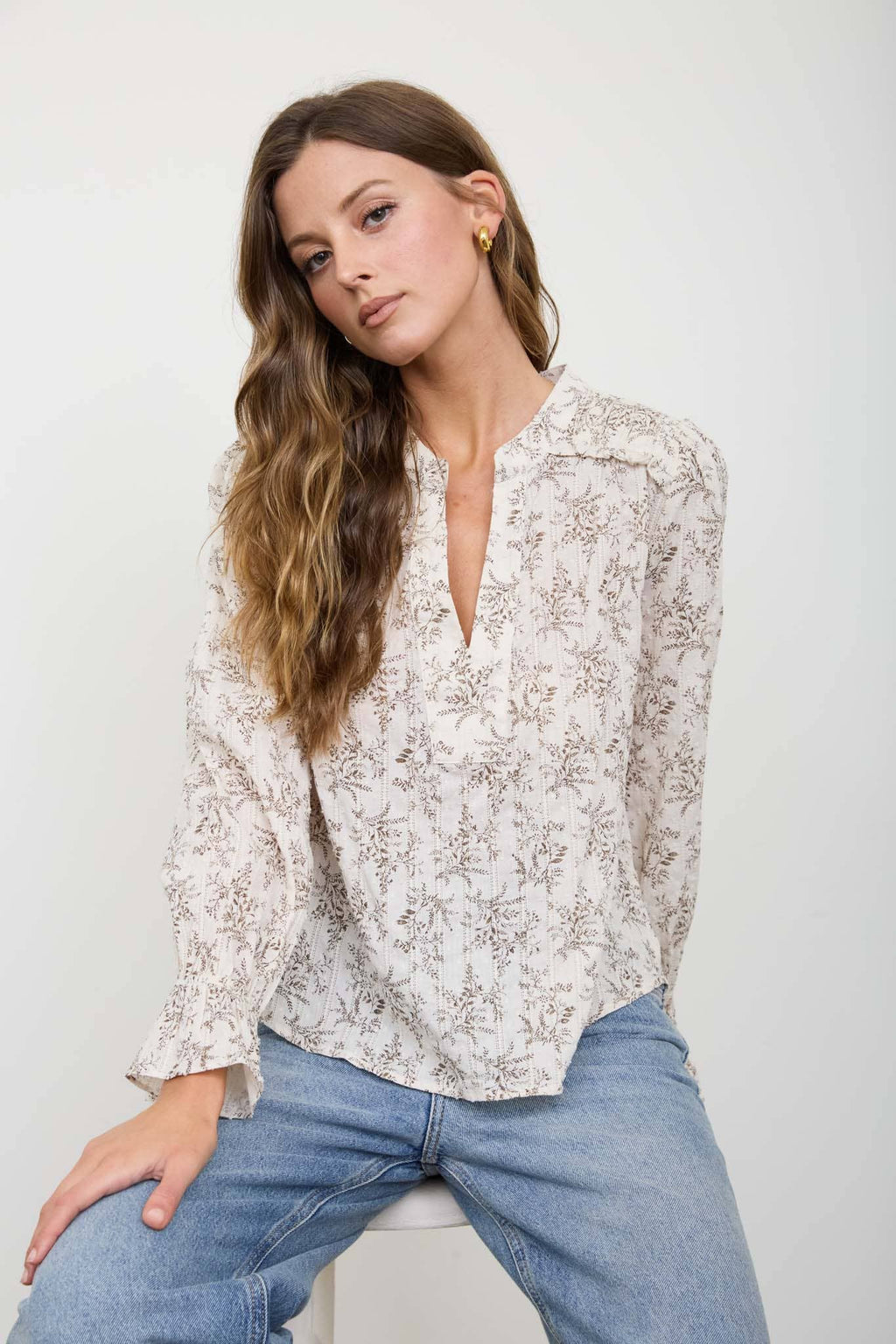 FLORAL LEAF PRINT SPLIT NECK LONG SLEEVE BLOUSE