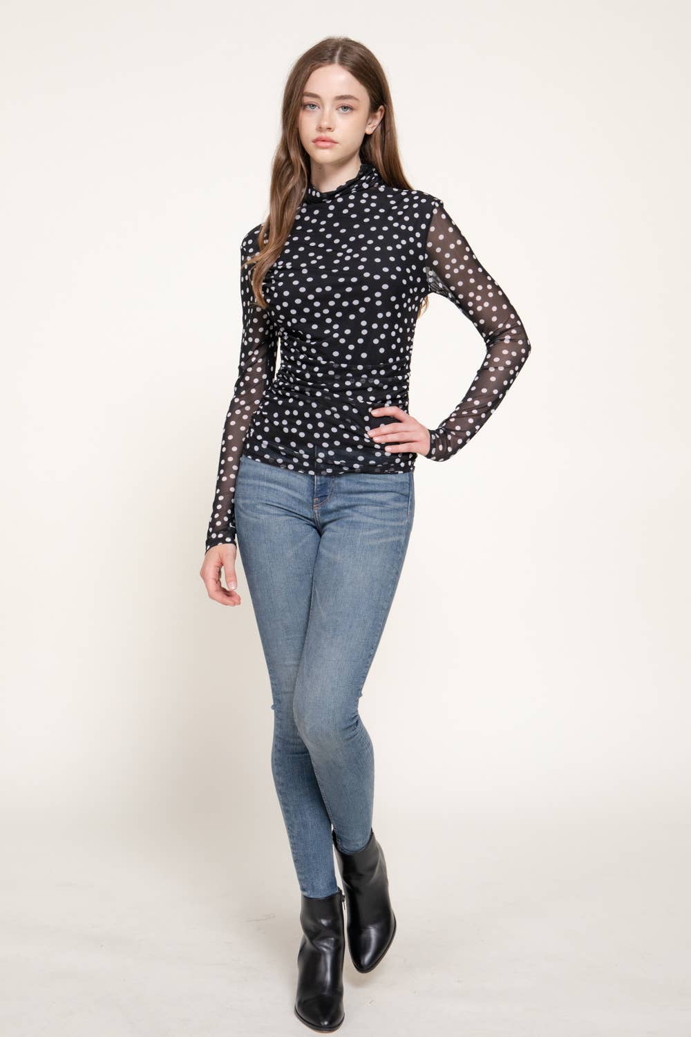Long Sleeve High Neck Ruched Dot Print Mesh Top