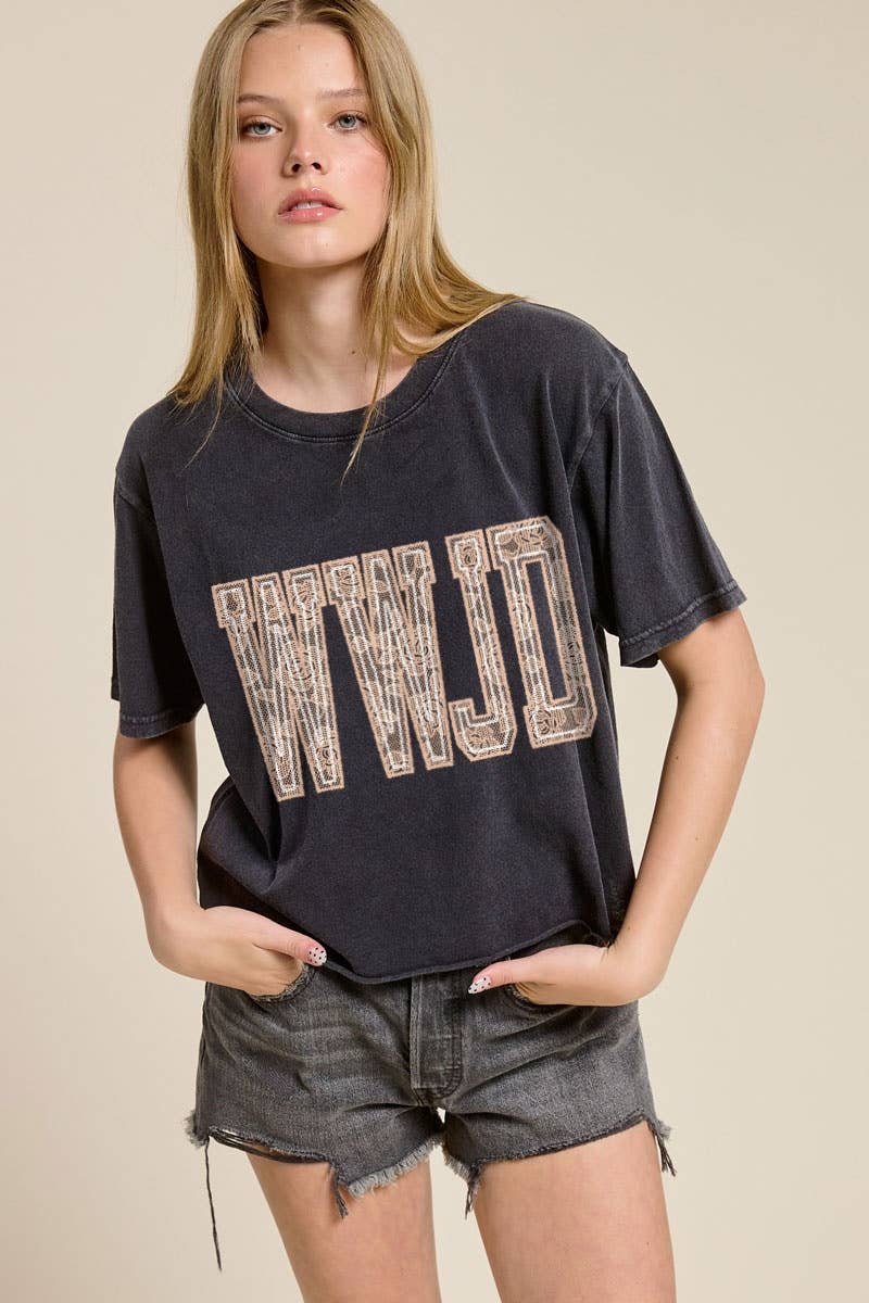 PUFF' WWJD Lace Graphic Raw Hem Faux Crop Tee