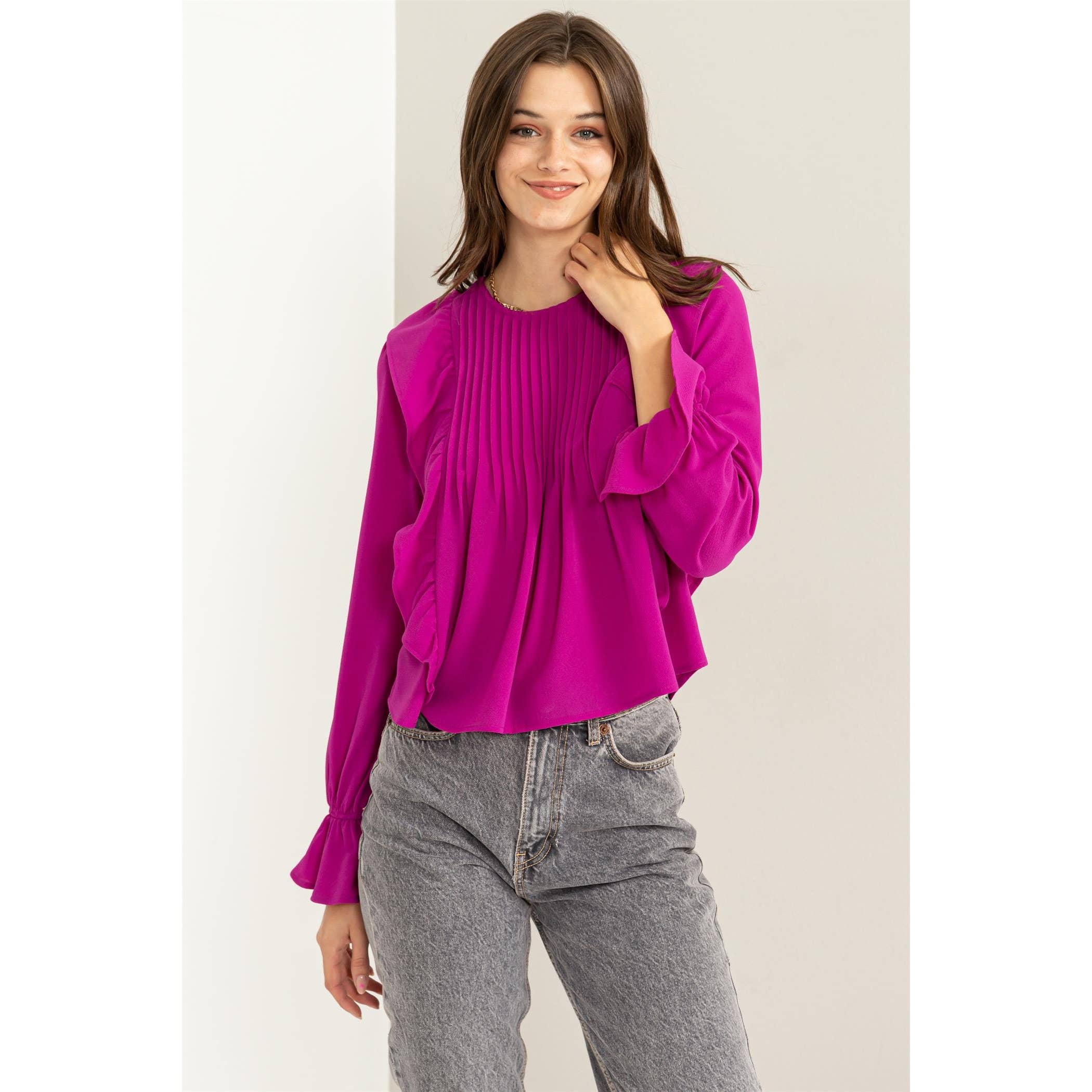 Pintuck Ruffle Detail Woven Blouse