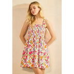 FLOWER PRINT SMOCKED SLEEVELESS MINI DRESS