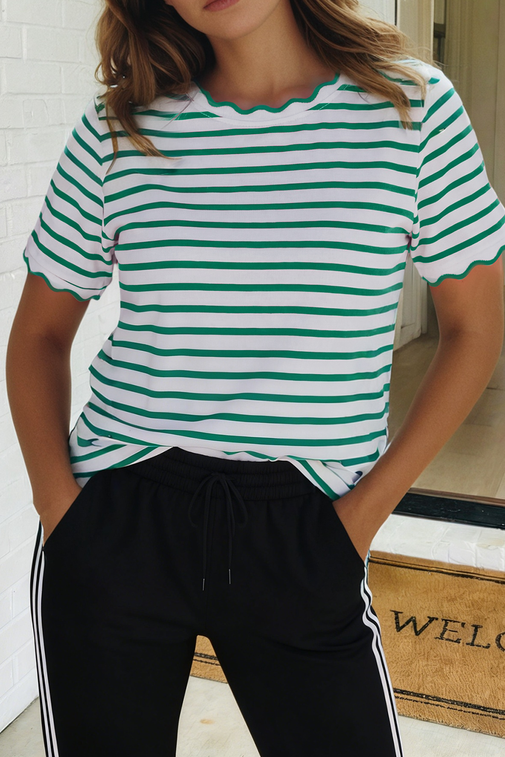 Stripe Scalloped Trim Round Neck Shirt