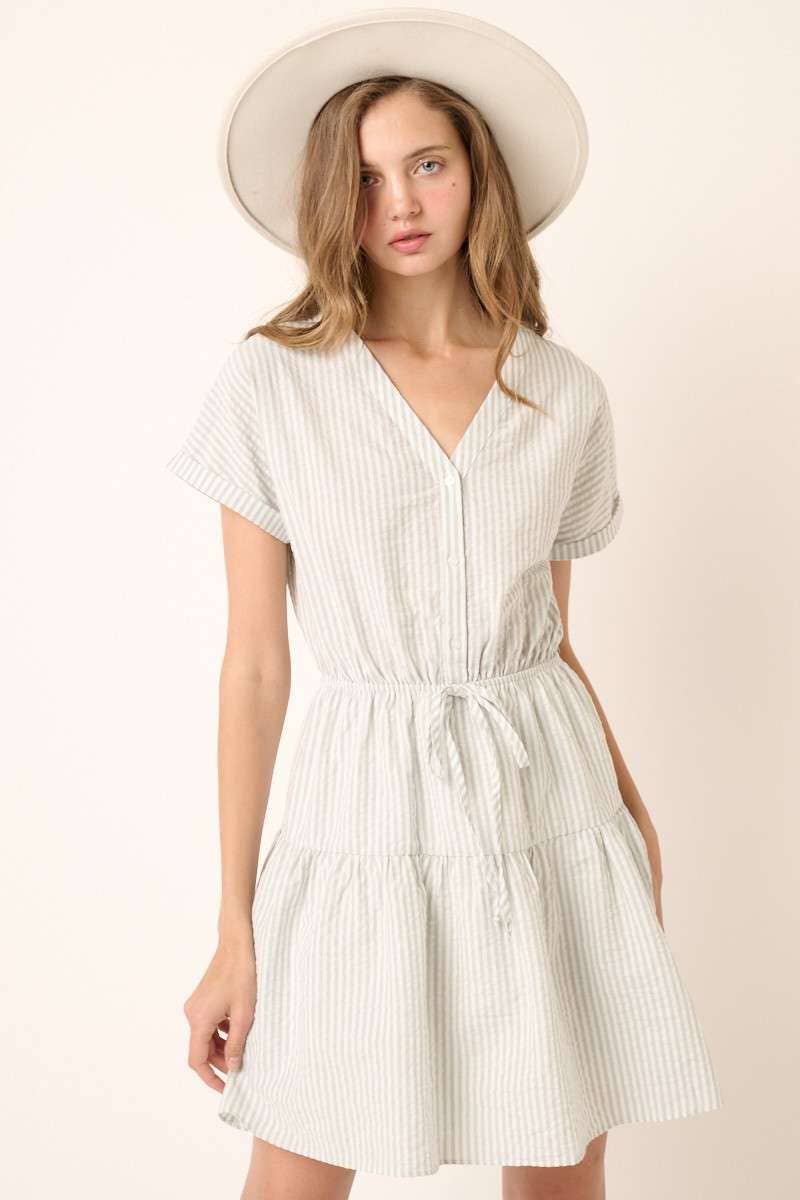 STRIPE BUTTON FRONT MINI SHIRT DRESS