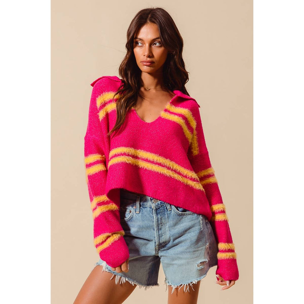 FUZZY HAIRY STRIPE DEEP U NECK SWEATER TOP