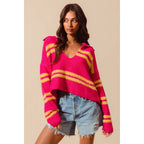 FUZZY HAIRY STRIPE DEEP U NECK SWEATER TOP