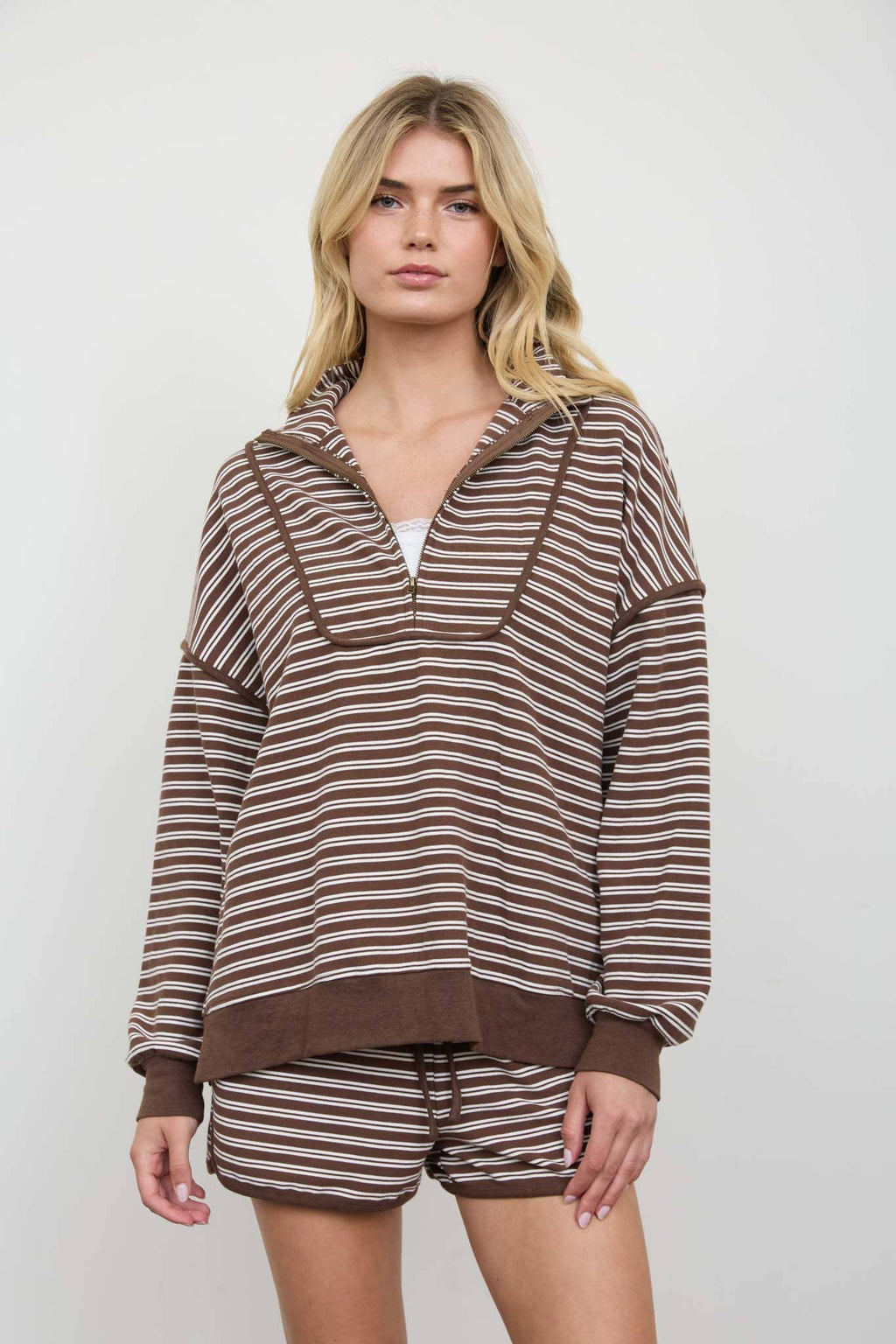 HALF ZIP STRIPE CONTRAST TRIM LONG SLEEVE KNIT TOP
