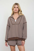HALF ZIP STRIPE CONTRAST TRIM LONG SLEEVE KNIT TOP