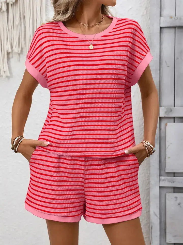 Striped  Relaxed Fit Tee Short Set Lounge Outfit