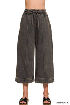 Acid Washed Fleece Pintuck Wide Leg Cropped Pants w/ Pockets