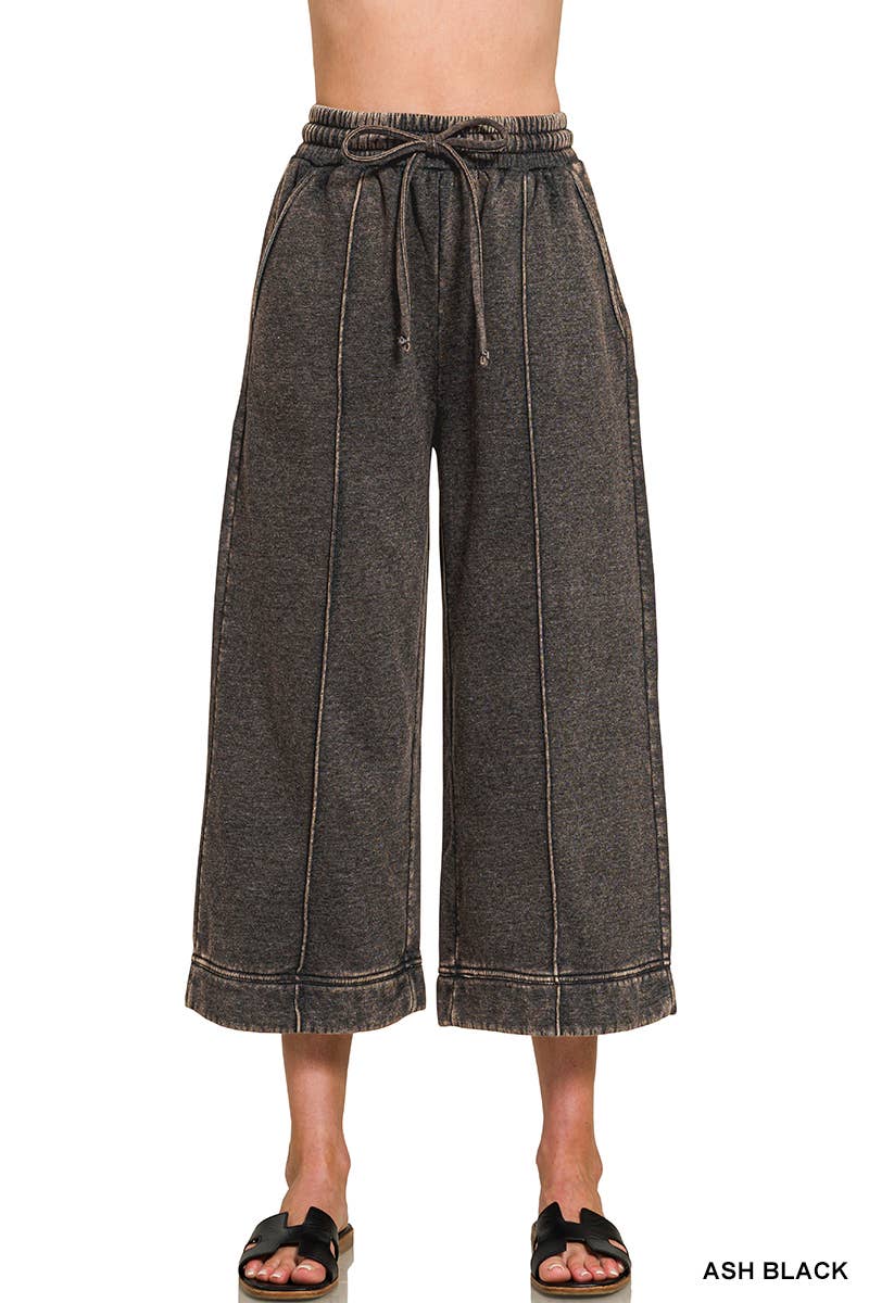 Acid Washed Fleece Pintuck Wide Leg Cropped Pants w/ Pockets