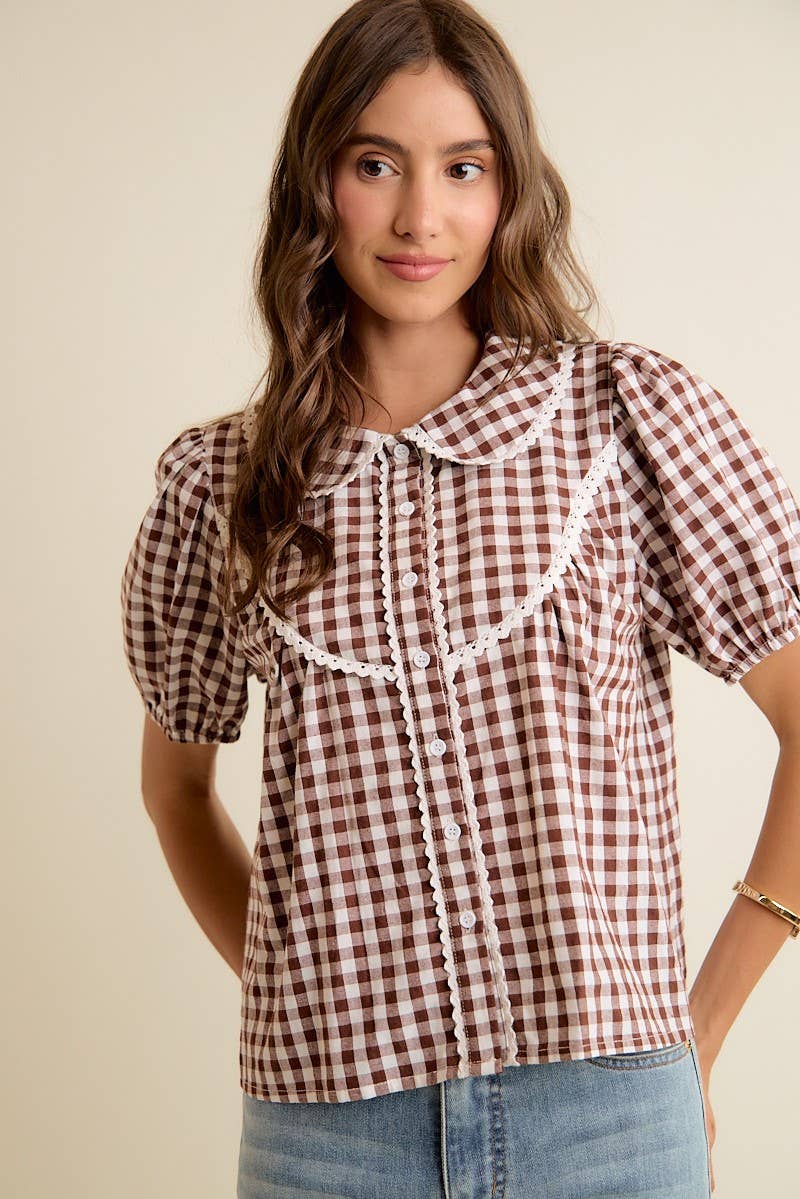 Gingham Check Lace Trimmed Short Blouse