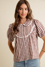 Gingham Check Lace Trimmed Short Blouse