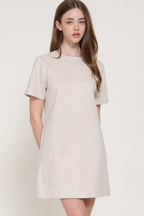 Short Sleeve Round Neck Semi A-Line Faux Suede Mini Dress