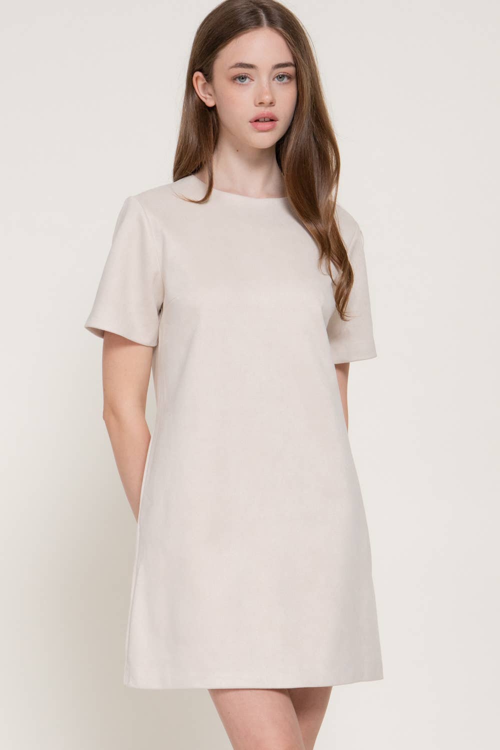 Short Sleeve Round Neck Semi A-Line Faux Suede Mini Dress