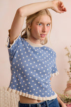 POLKA DOT RUFFLED SHORT SLEEVES SWEATER KNIT TOP