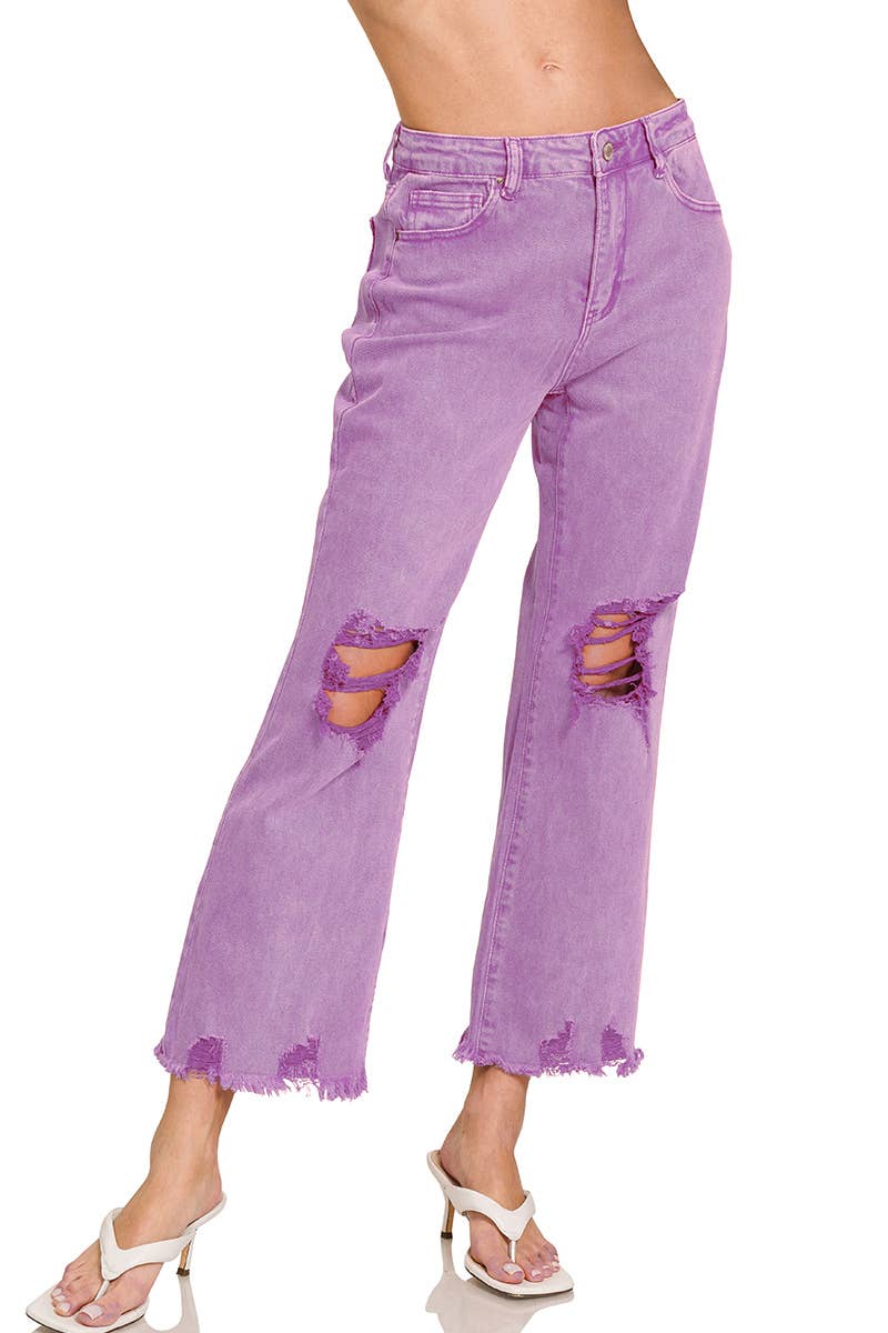 `Acid Wash High Waist Distressed Straight Leg Pants