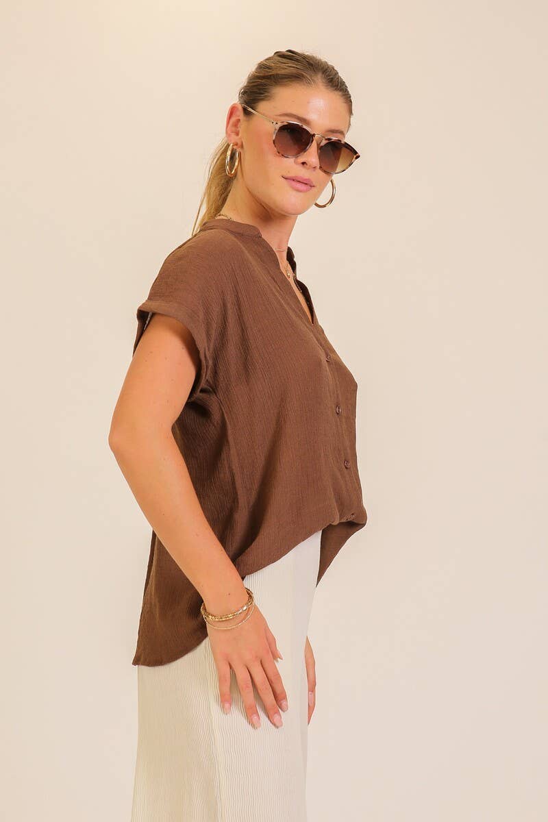 Textured Gauze Button-front Hi-Low Hem Blouse