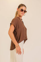 Textured Gauze Button-front Hi-Low Hem Blouse