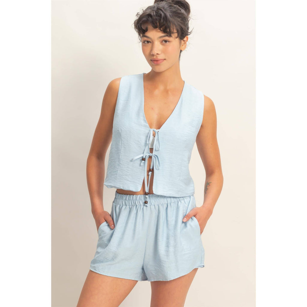 Sleeveless Tie-Front Vest And Elastic Waist Shorts Set