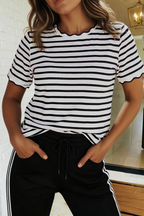 Stripe Scalloped Trim Round Neck Shirt