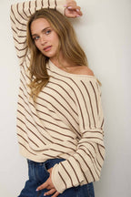 CREAM STRIPED DROP SHOULDER CREW NECK SWEATER