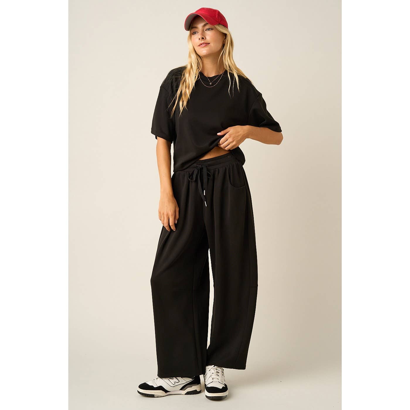 CLOUD KNIT DRAWSTRING WAIST BARREL LEG PANTS