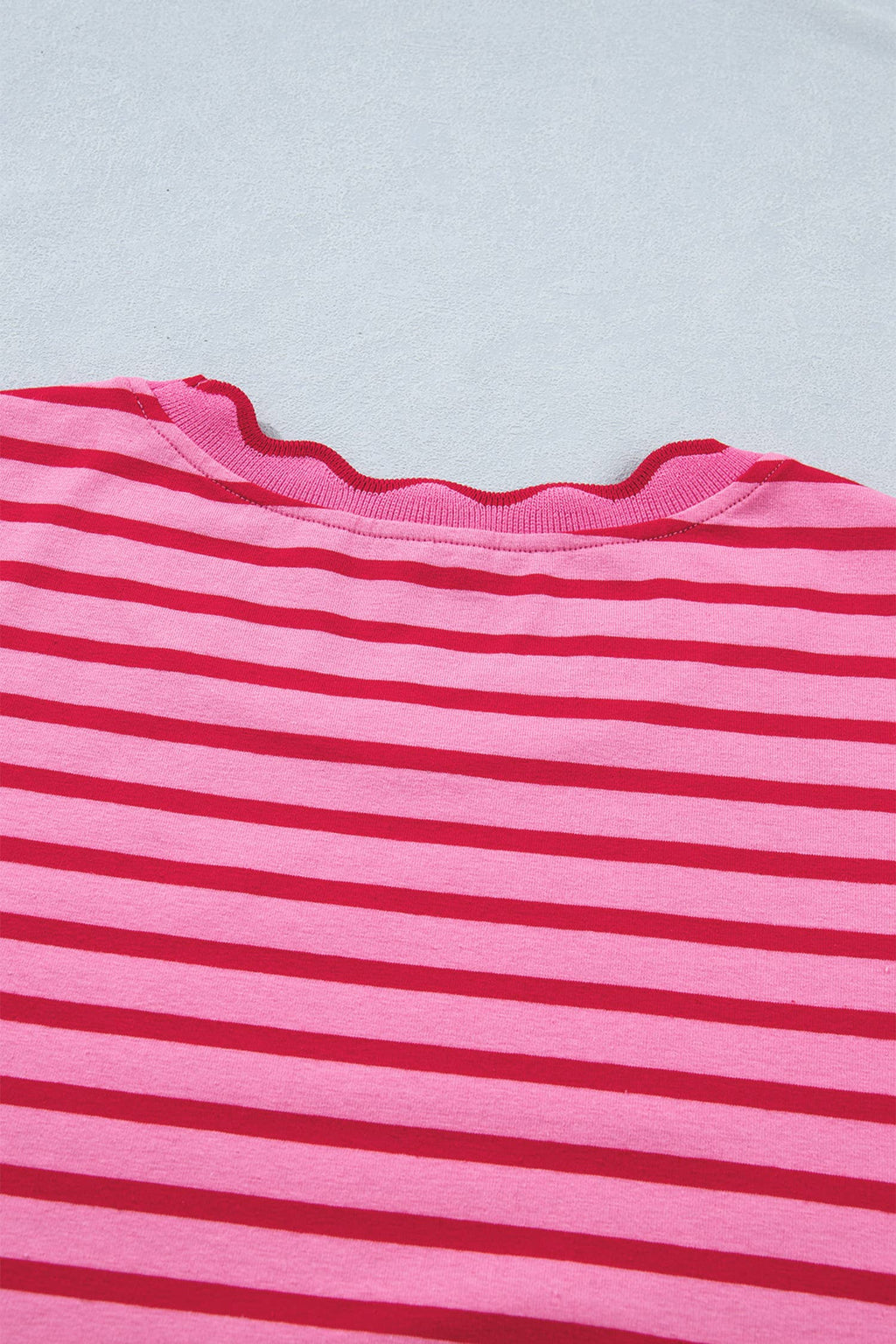 Striped Short Sleeve Scalloped Trim Side Slit Dress (S-XL)