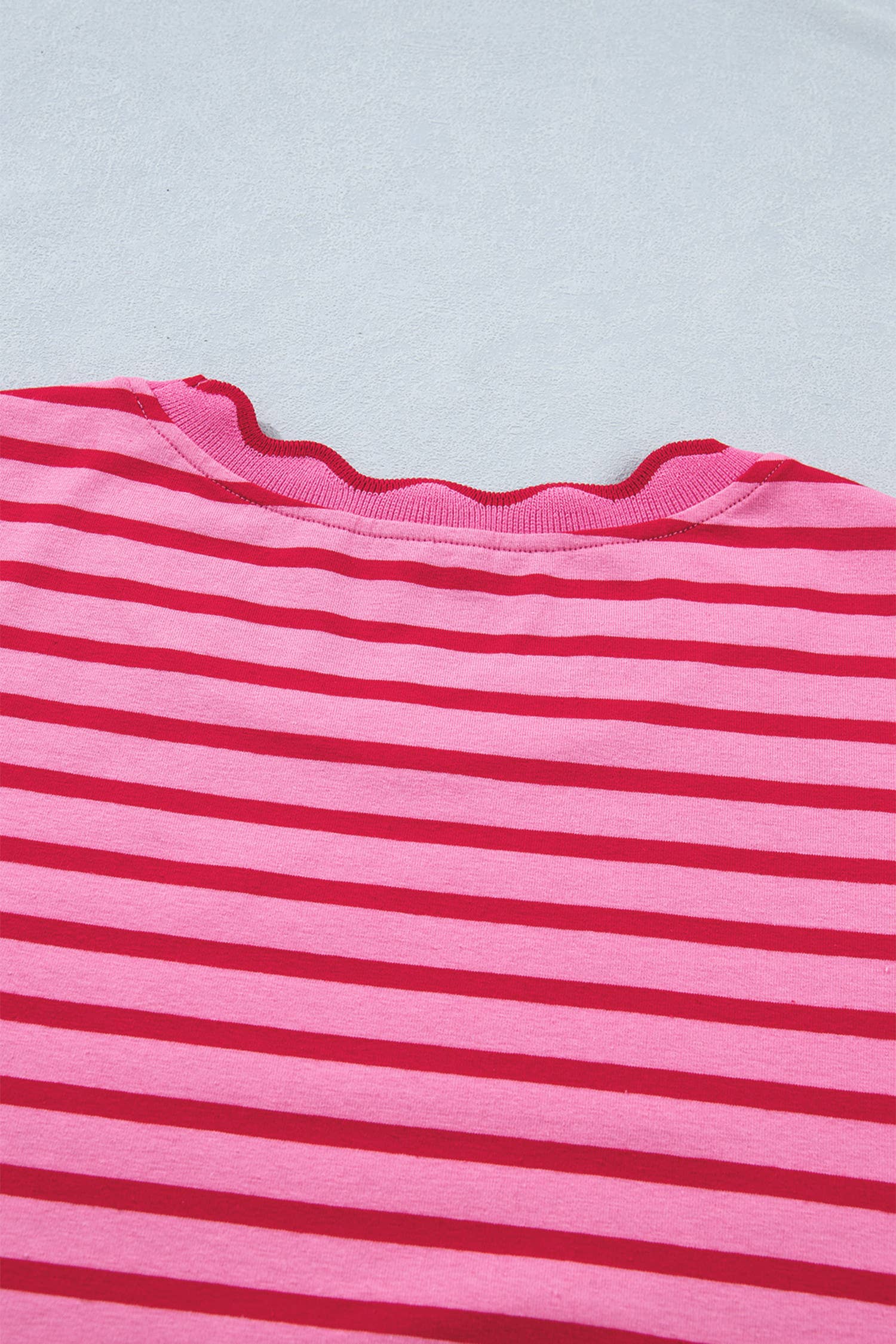 Striped Short Sleeve Scalloped Trim Side Slit Dress (S-XL)
