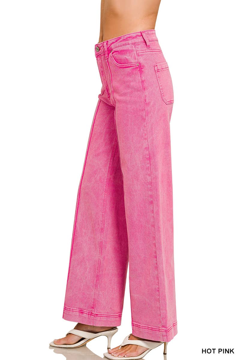 High Rise Wide Leg Pintuck Color Denim Pants