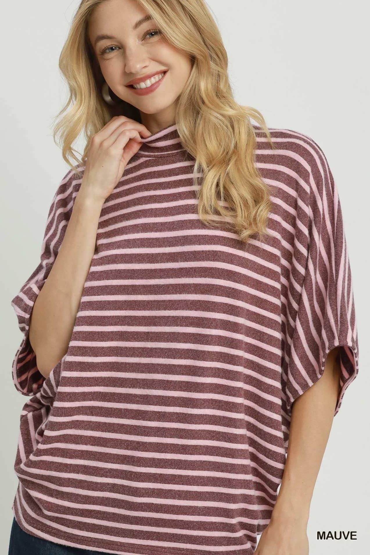 Striped Mock Neck Dolman Top