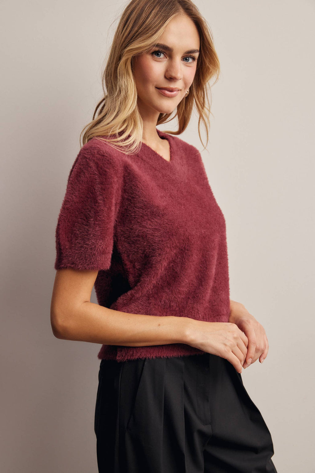 Fuzzy V-Neck Knit Top FSW0105