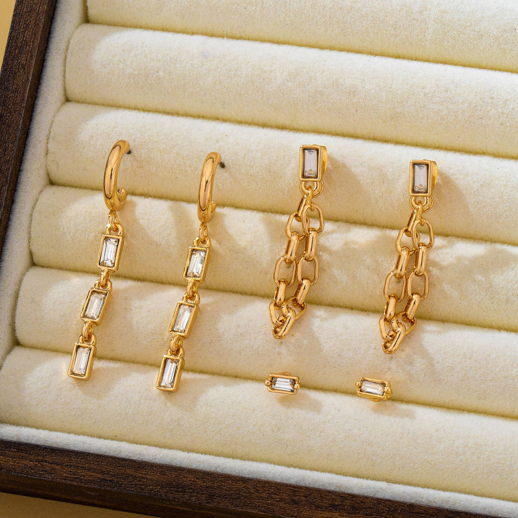 Geometric Baguette Stud & Chain Trio Earring Set | 80E62681