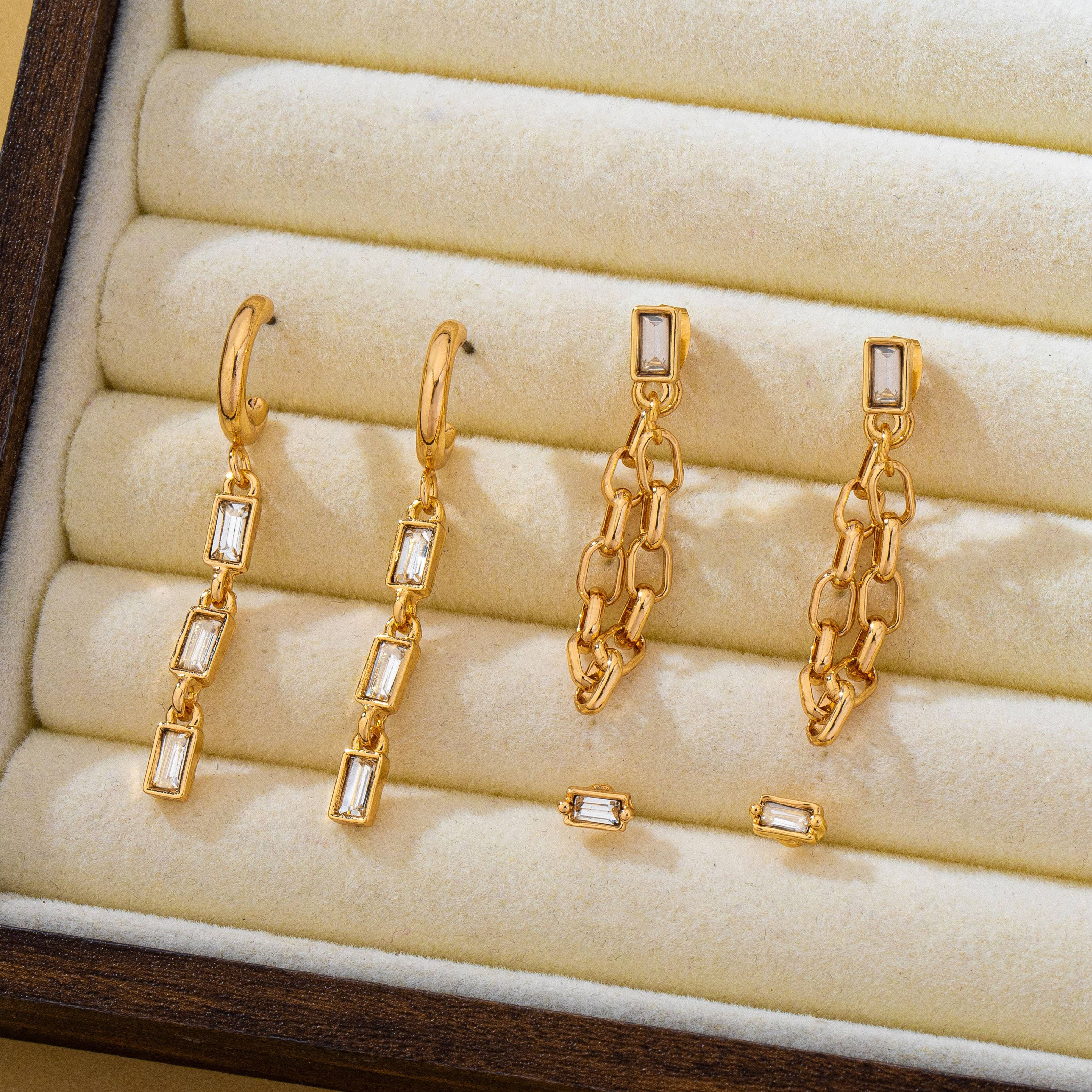 Geometric Baguette Stud & Chain Trio Earring Set | 80E62681