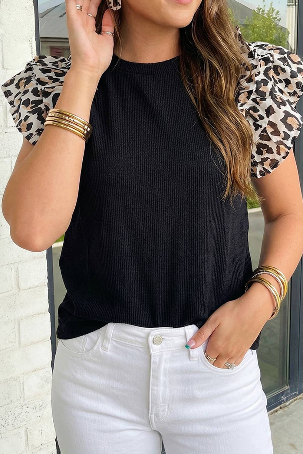 Contrast Leopard Ruffled Short Sleeve Ribbed Knit Top