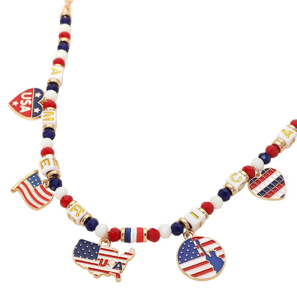 American USA Flag Map Heart Charm Station Beaded Necklace