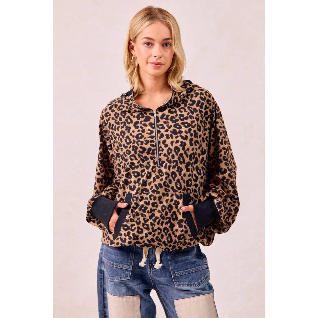 LEOPARD PRINT WAFFLE HALF ZIP UP HOODIE W POCKET