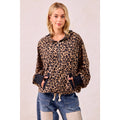 LEOPARD PRINT WAFFLE HALF ZIP UP HOODIE W POCKET