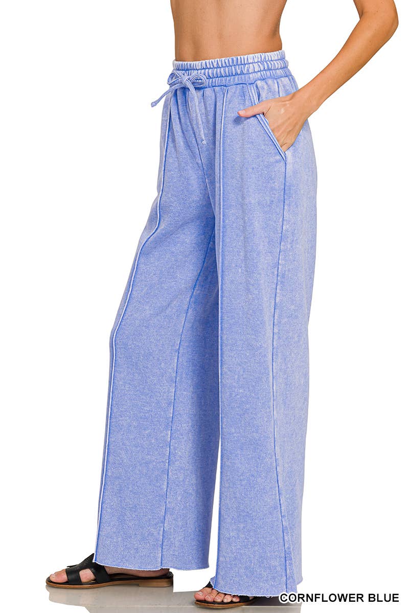 Acid Washed Fleece Pintuck Wide Leg Pants w/ Pockets