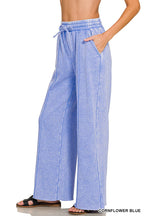 Acid Washed Fleece Pintuck Wide Leg Pants w/ Pockets