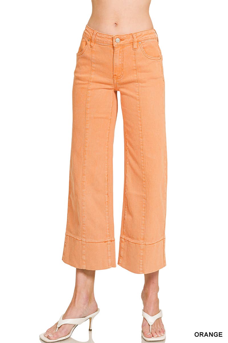 Mid Rise Wide Leg Cropped Color Denim Pants Zenana