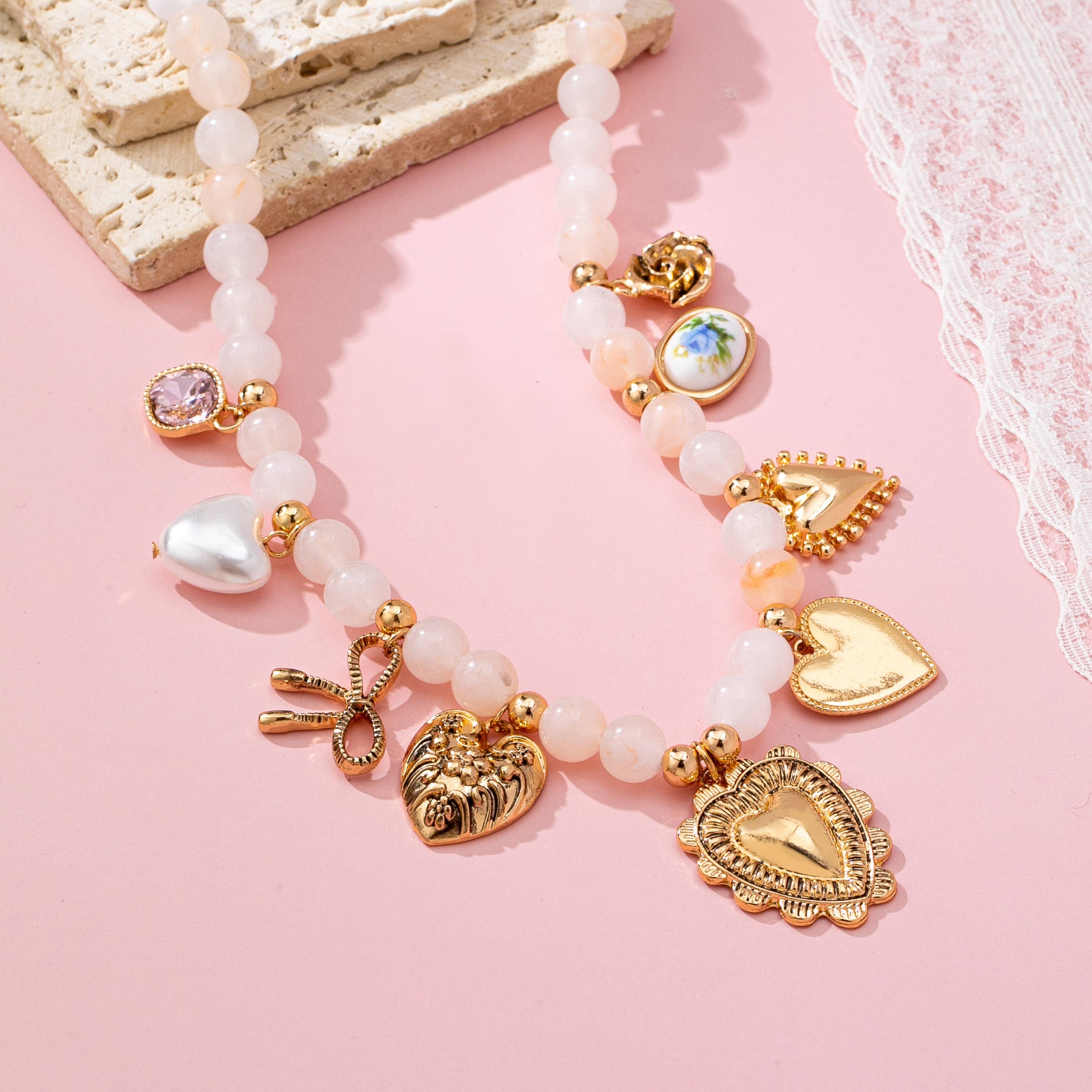 White Beaded Porcelain heart Multi-Charm Necklace | 80N92684