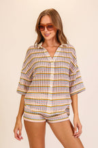 Striped Open-Knit Button-Up Short Set