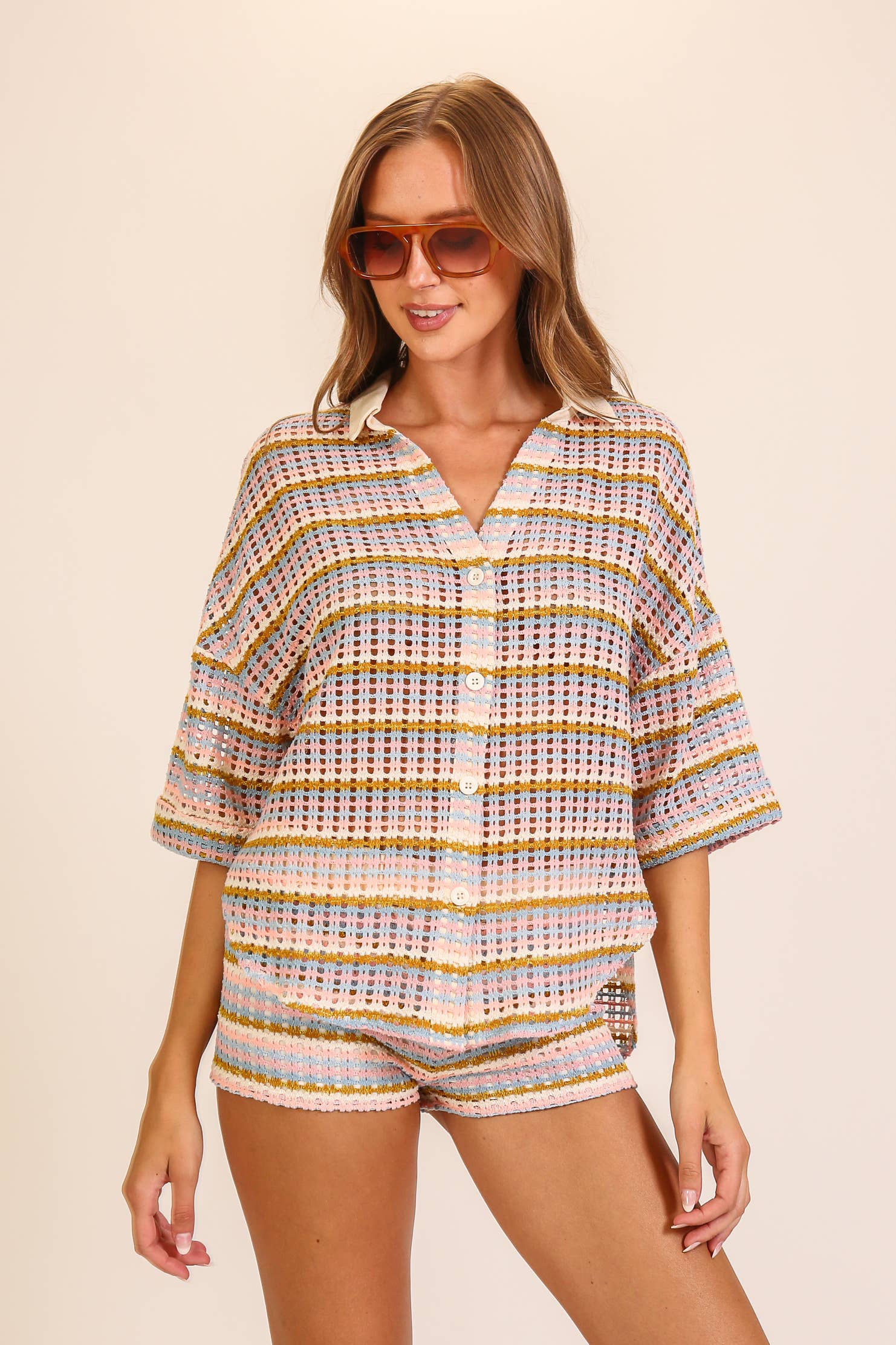 Striped Open-Knit Button-Up Short Set