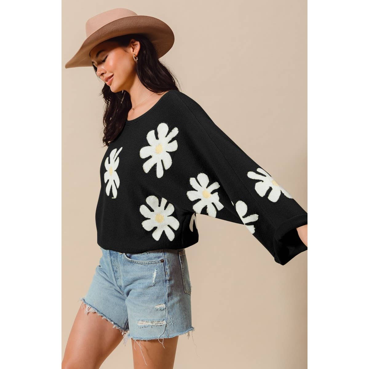 DAISY FLORAL PATTERN KNITTED SWEATER TOP