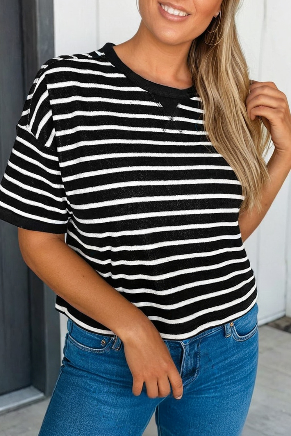 LAS Stripe Ribbed Patchwork Seam Half Sleeve Tee (S-XL)