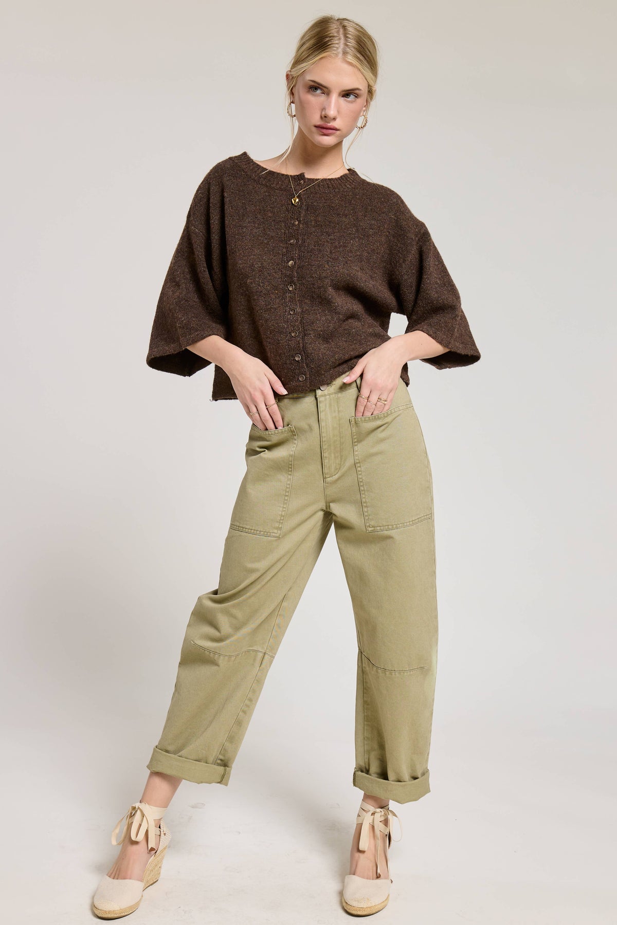 Wide Sleeve Button Front Knit Cardigan
