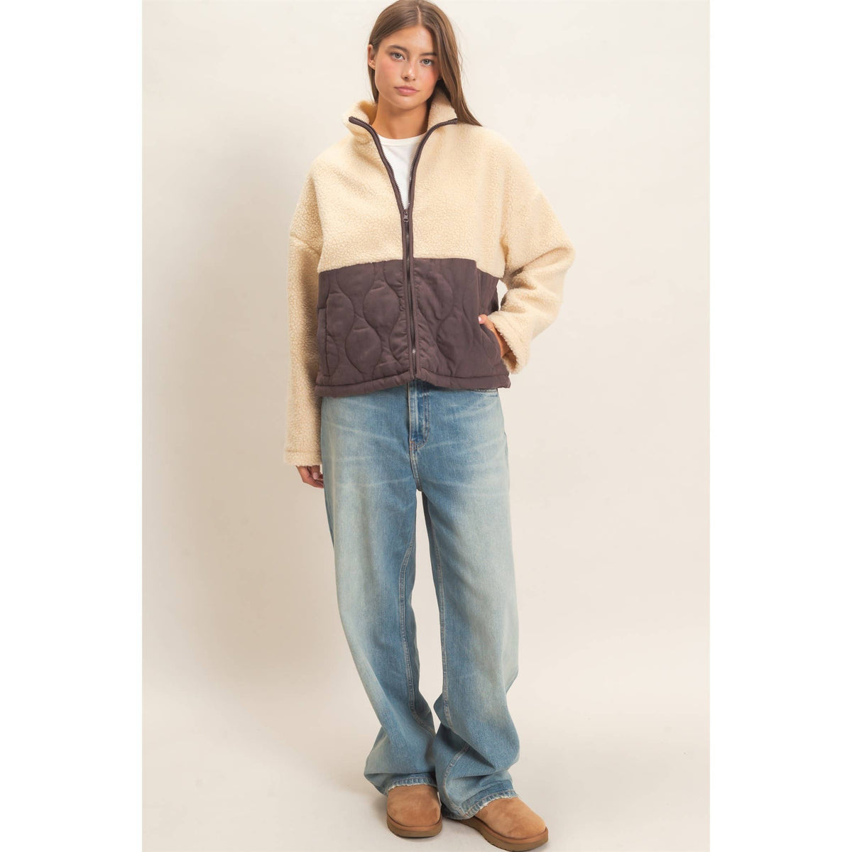 Quilted Sherpa Zip Up Jacket