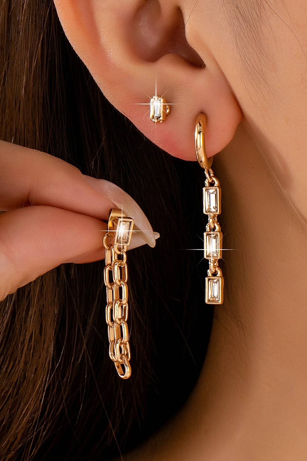 Geometric Baguette Stud & Chain Trio Earring Set | 80E62681