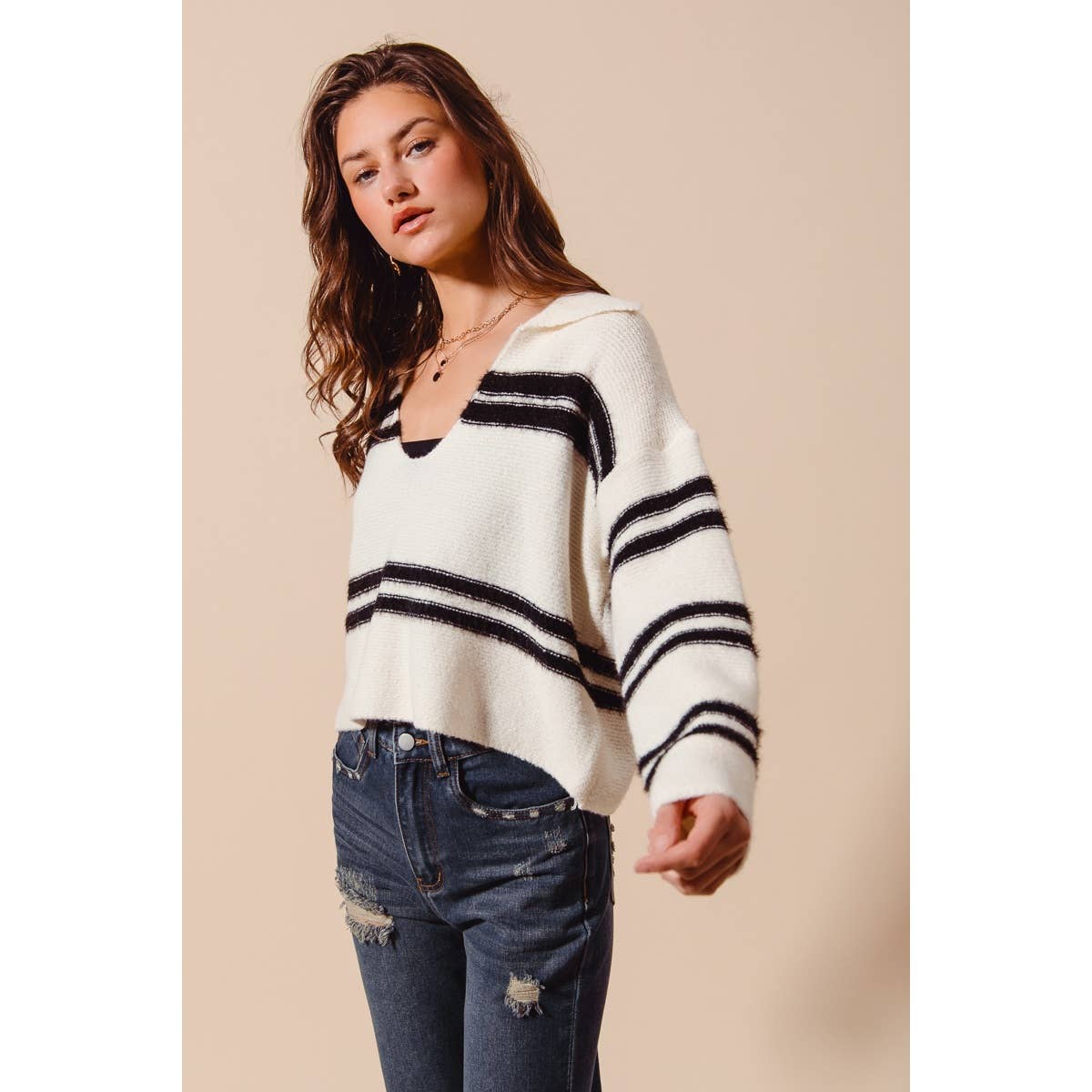 FUZZY HAIRY STRIPE DEEP U NECK SWEATER TOP
