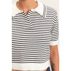 Striped Short Sleeve Collar Knit Top